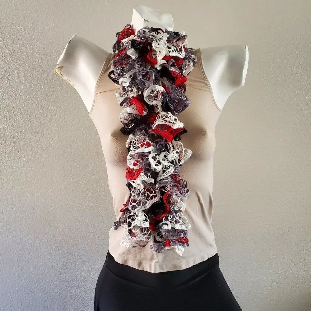 BOGO Scarf Sale - Hand Crafted crochet white gray red and black ruffle scarf